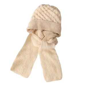 Womens Thick Warm Knitted Hat with Integrated Scarf Beige and White